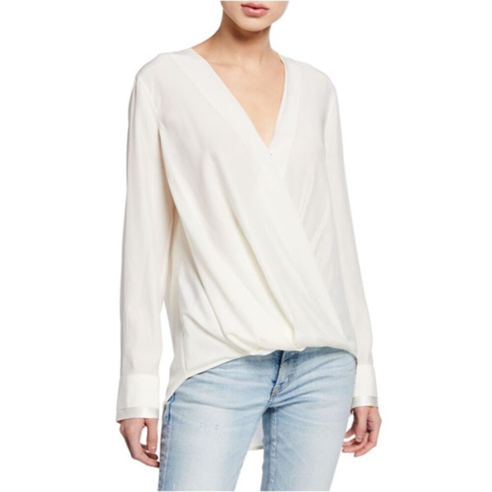 Rag & Bone Victor Blouse White 100% Silk Draped V-Neck Long Sleeve Size L NWT